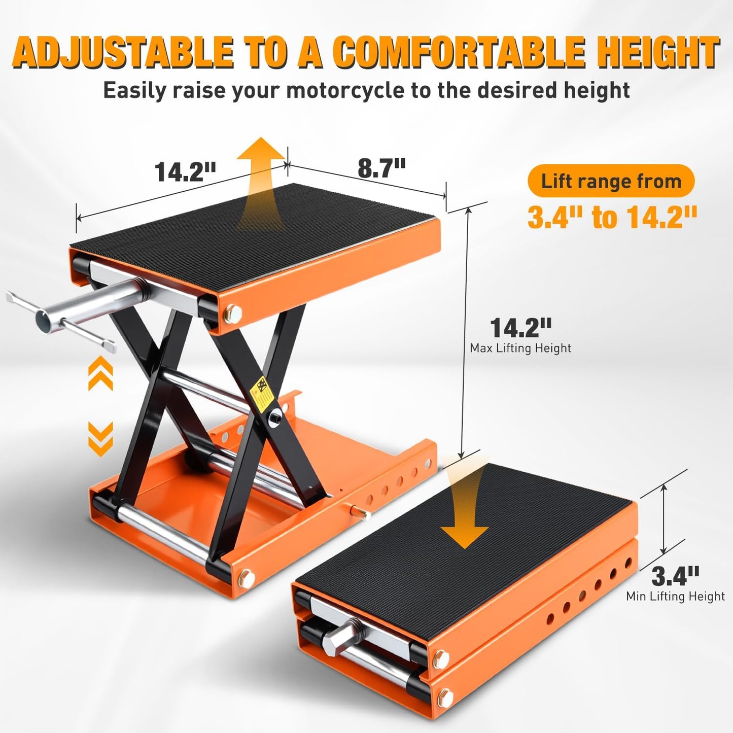 Nilight Motorcycle Lift Jack 1100 LBS Scissor Jacks Stand Lift with Wide Deck Safety Pin Handle 3.4"-14.2" Height Adjustable Hoist Stand Garage Repair Lifter for Motorcycles ATV Dirt Bike, Orange