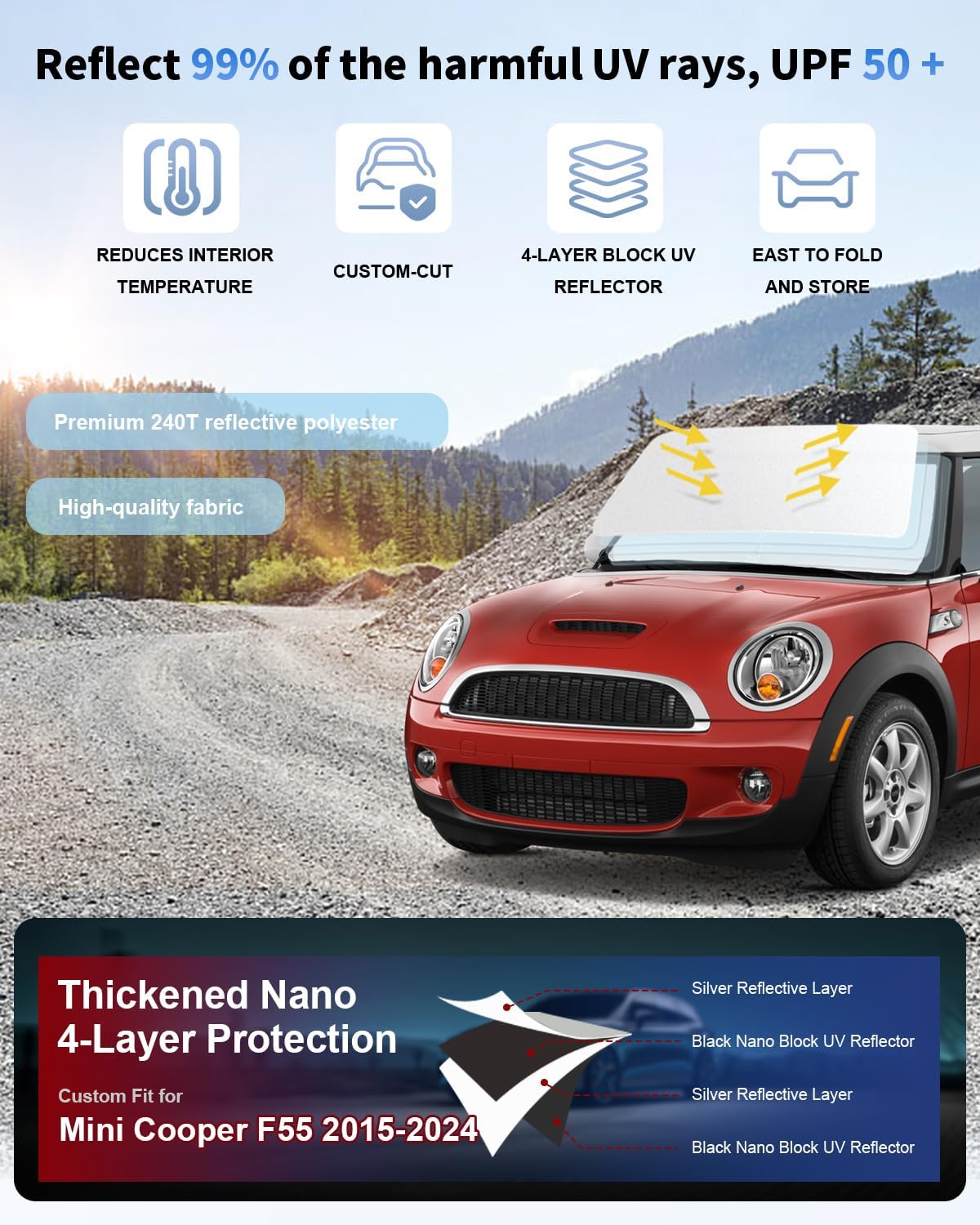 Sun Shade for Mini Cooper Windshield Sunshade fit for 2015-2023 2024 2025 BMW Mini Cooper F55 Accessories Front Window Shield Sun Visor Protector Block UV Ray Heat