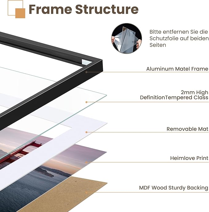 Heimlove 8x10 Aluminum Picture Frame, Metal photo Frame with Tempered Glass 5x7 with Mat or 8 x 10 Without Mat Wall Mounting Horizontally or Vertically,Poster Frame - 1 Pack - Black