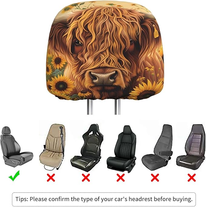 Dujiea 2 Pack Highland Cow Sunflowers Car Headrest Covers, Universal Soft Car Seat Head Rest Cover Protector, Vehicle Accessories Fabric Headrest Cover for Cars Vans Trucks