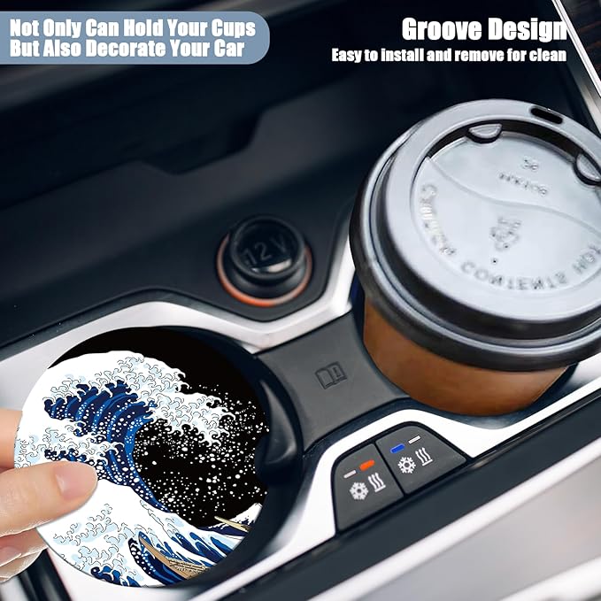Car Cup Holder Coaster - Black Ocean Wave Absorbent Ceramic Coaster 2 Pack, Car Coasters for Cup Holders, Fashion Car Interior Accessories Drink Coaster for Women & Men
