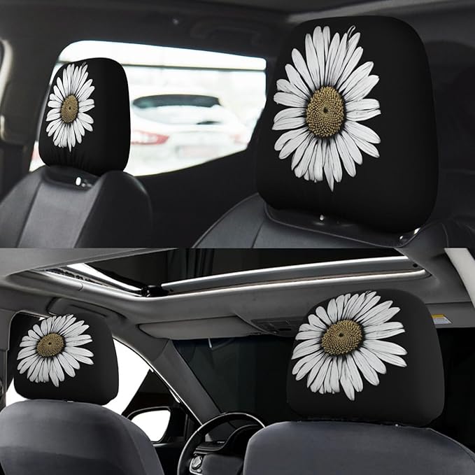 Dujiea 2 Pack Daisy Car Head Rest Covers, Universal Soft Car Seat Headrest Protector, Vehicle Accessories Fabric Headrest Cover for Cars Vans Trucks