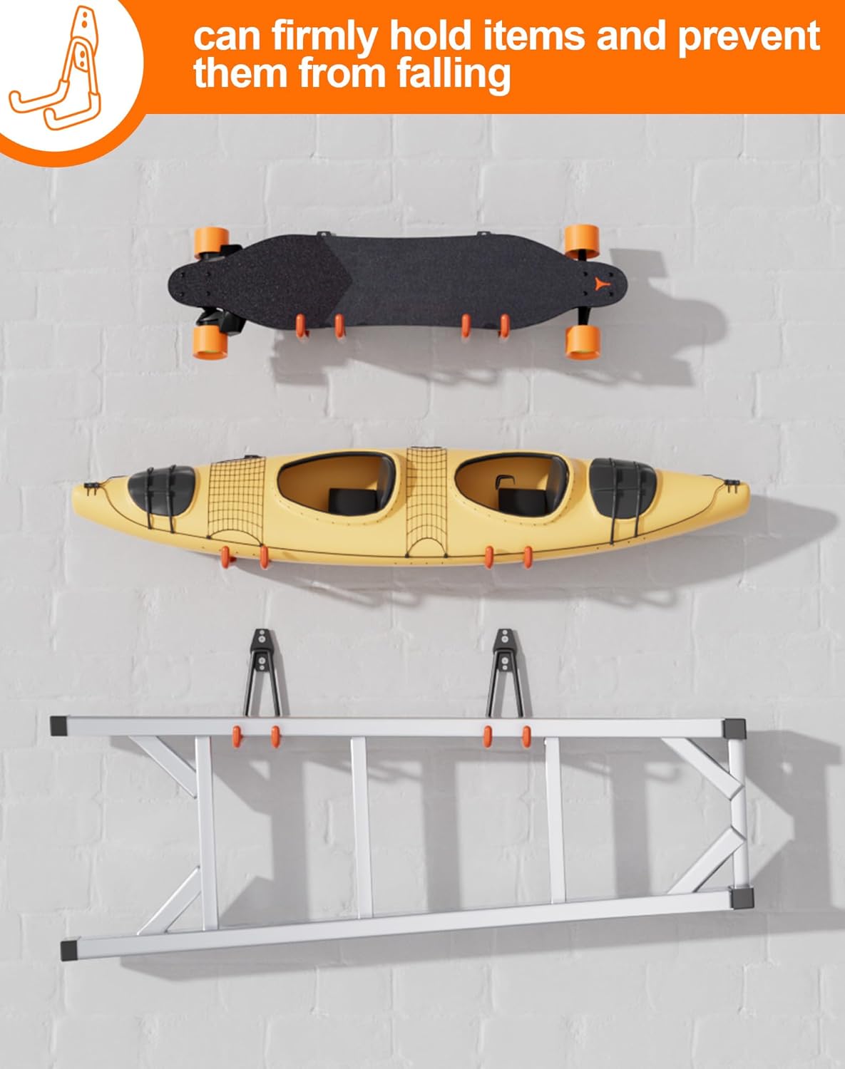 QcoQce 13 Pack Garage Hooks Heavy Duty with 2 Extension Cord Straps,Garage Storage Hooks, Wall Mount Hooks, Garage Organization and Tool Hangers for Bike, Ladder, Ropes and Garden Tools(Orange)