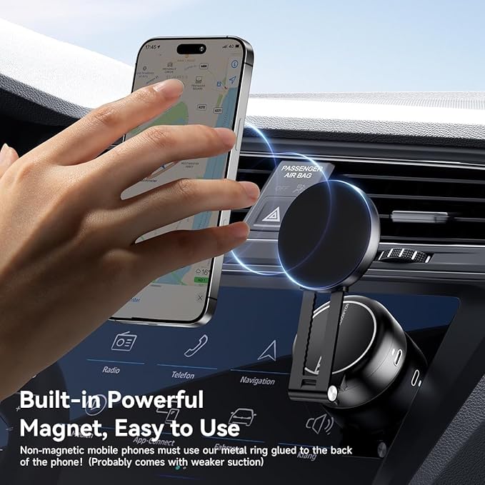 Electric Vacuum Magnetic Car Phone Mount,Vacuum Suction Car Phone Holder Hands-Free,Adjustable Foldable Magnetic Suction Cup Phone Mount,Strong Magnetic Car Mount for Smooth Surface(New-Black)