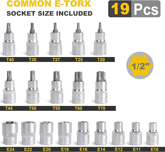TOPLINE 19-Piece 1/2” Drive E-Torx Socket Set and Torx Bit Socket Set, with Storage case, Premium CR-V Steel, E10-E24, T20-T70, E Socket Set for Mechanic and Home Repair