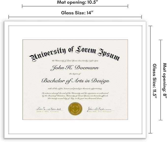 Americanflat 11.5x14 Diploma Frame with Shatter-Resistant Glass - Use as 8.5x11 Frame with Mat or Display 11.5x14 Document Without Mat - Legacy Collection - Certificate Frames for Wall - White