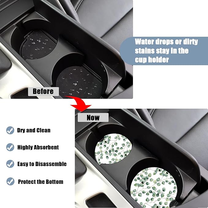 Car Cup Holder Coaster - Eucalyptus Round Green Leaf Absorbent Ceramic Coaster, Car Coasters for Cup Holders, Auto Accessories for Women & Men, Pack of 2