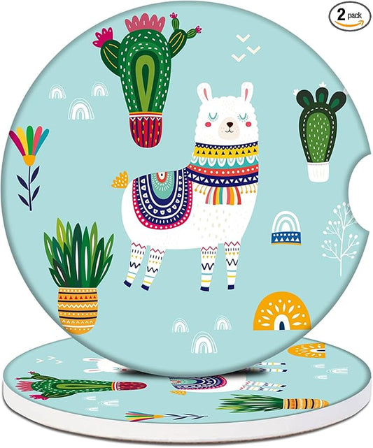 Car Cup Holder Coaster - Alpaca Plants Absorbent Ceramic Coaster 2 Pack, Car Coasters for Cup Holders, Fashion Car Interior Accessories Drink Coaster for Women & Men