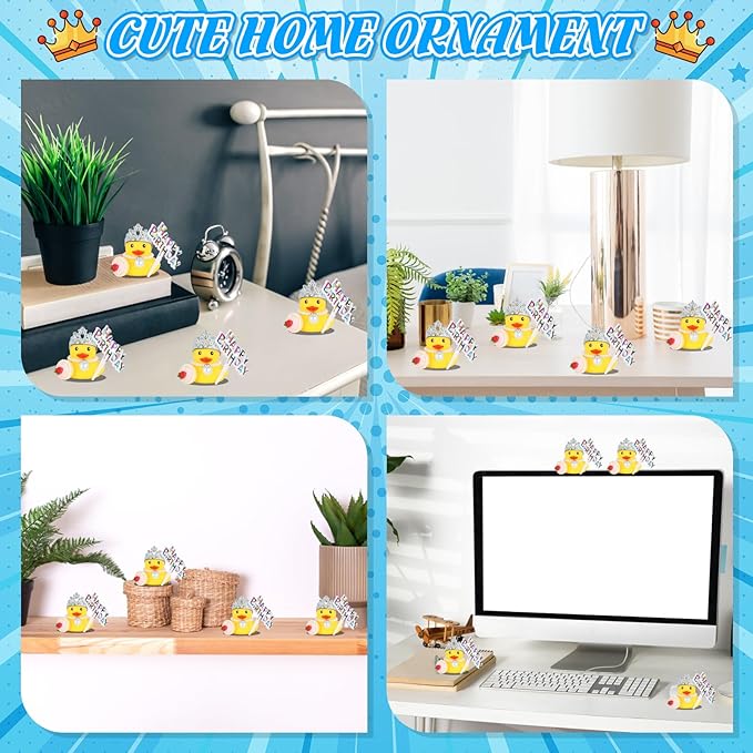 Rubber Duck Birthday Party Favors, DIY Cake Topper with Crown, Pearl & Cupcake Accessories, Duck Decor for Kids, Car Dashboard