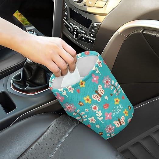 Cartoon Daisy Butterfly Car Rubbish Bag Can Reusable Hanging Auto Garbage Organization Can Bin with Adjustable Strap for Camping，Travel Accessories