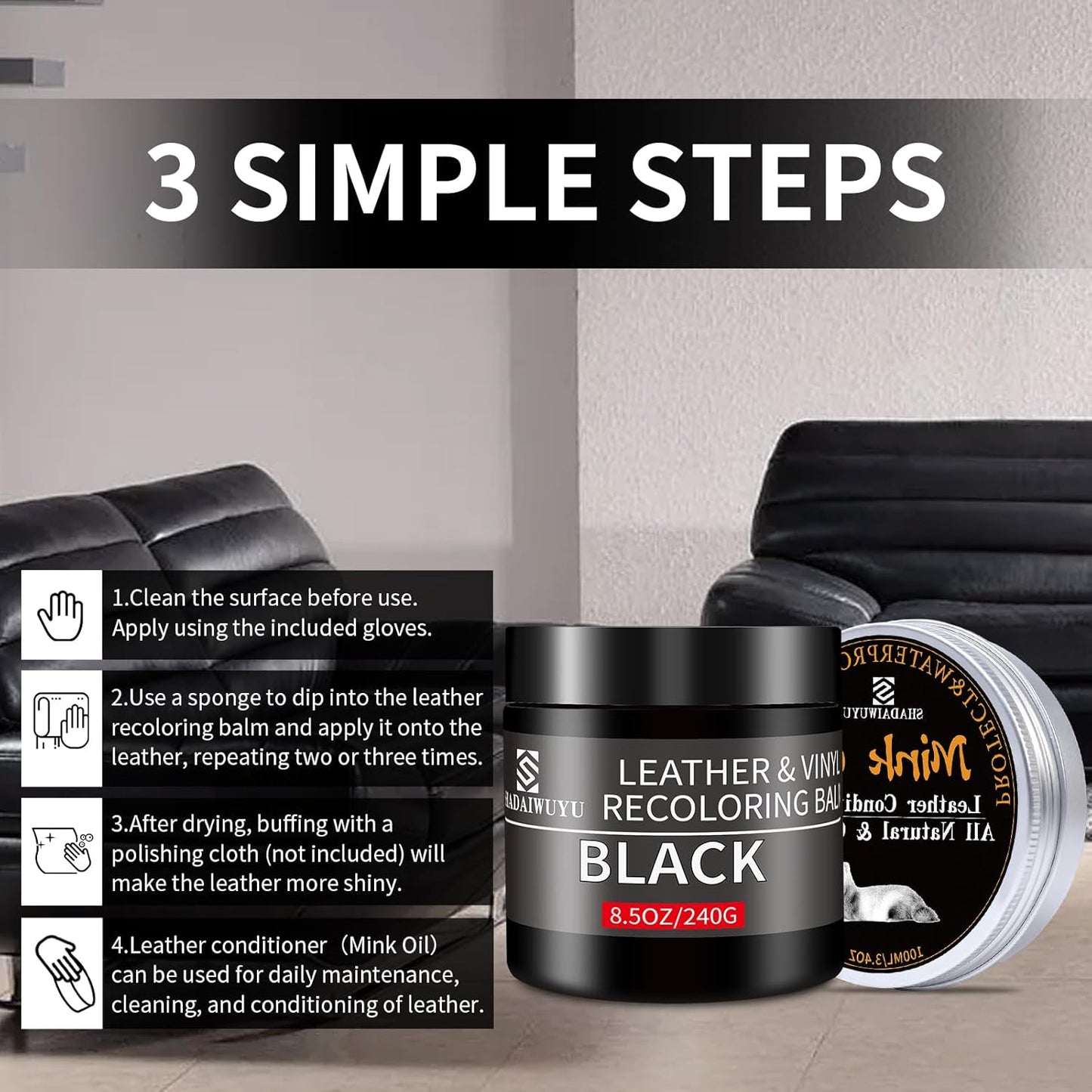 8.5oz Leather Recoloring Balm with 100ml Mink Oil,Black Leather Repair kit for Furniture and Car Interior,Leather Couch Scratch Repair,Leather Dye Paint,Mink Oil for Leather