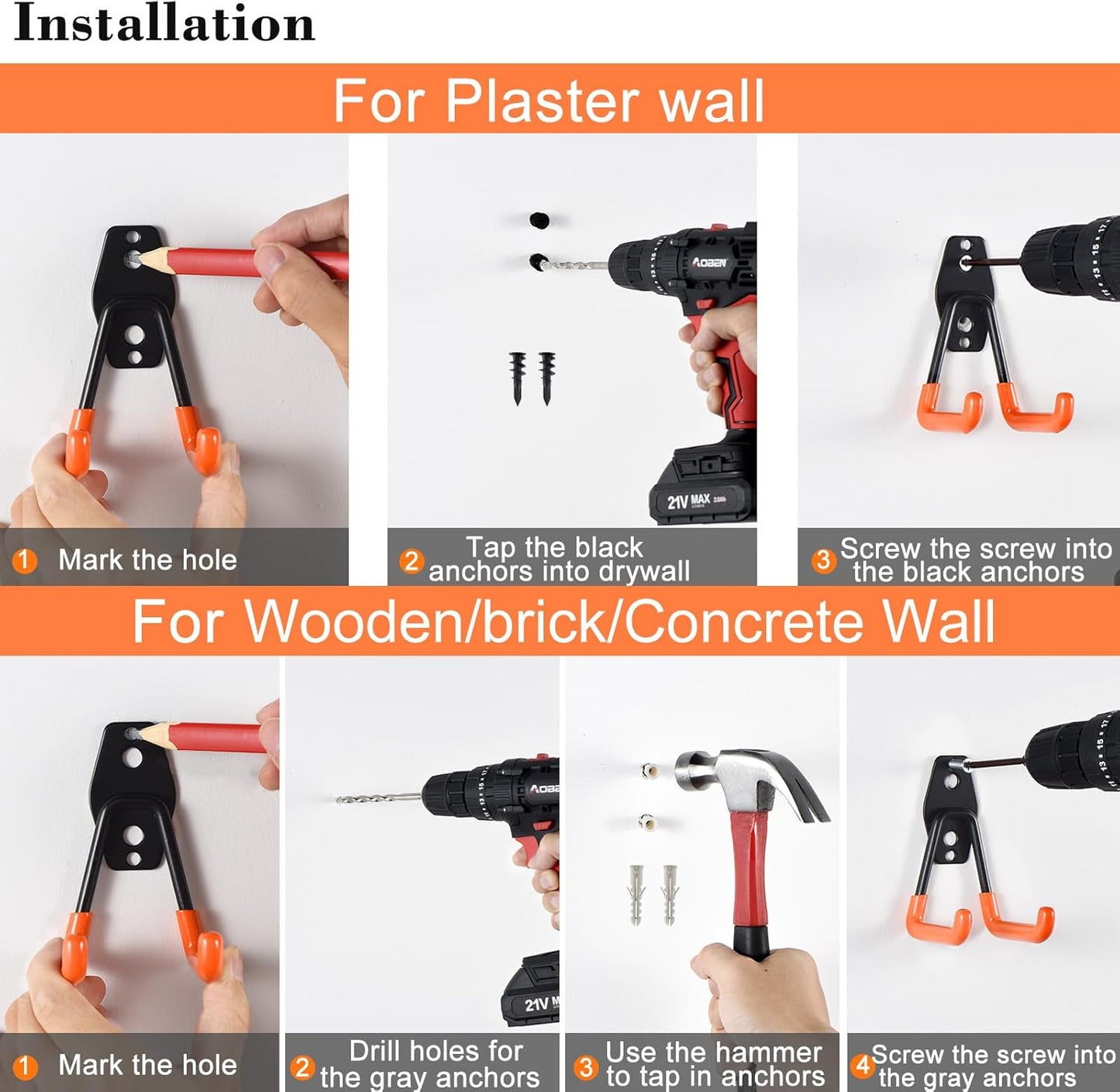 AOBEN Garage Hooks,24Pack Heavy Duty Garage Hanger Organizer Anti-Slip Double Wall Garage Storage Hooks for Ladder, Power Tool,Bike,Ropes (23 Hooks & 1 hoder Strap)-Orange