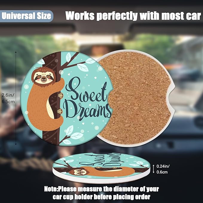 Car Cup Holder Coaster - Cute Baby Sloth Absorbent Ceramic Coaster 2 Pack, Car Coasters for Cup Holders, Fashion Car Interior Accessories Drink Coaster for Women & Men