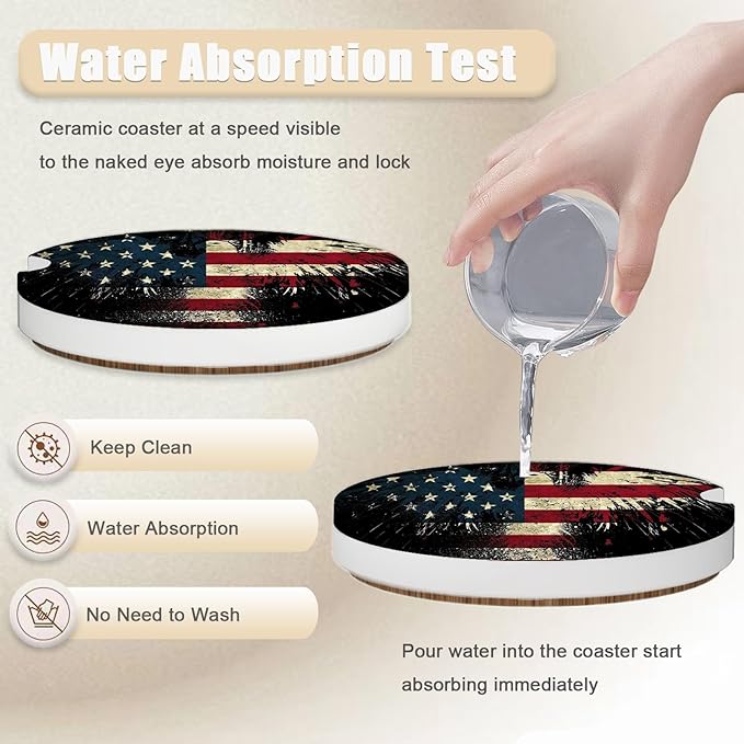 2 Pack Eagle American Flag Car Coasters for Cup Holders, USA Flag Ceramic Car Cup Holder Coaster for Car, Absorbent Car Cup Coasters with Cork Base Car Interior Accessories for Women Men