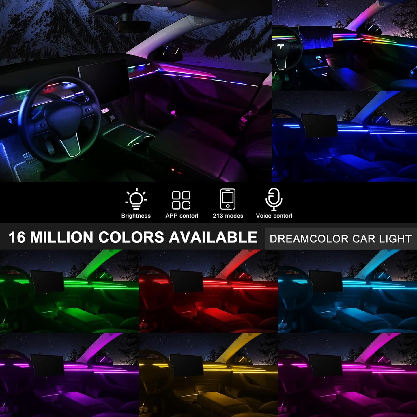 Acrylic Interior Car LED Strip Light with Wireless APP, RGB Dreamcolor 5 in 1 Ambient Lighting Kits, 16 Million Colors Sound Active Function Car Neon Lights, Sync to Music (dreamcolor 5 in 1)
