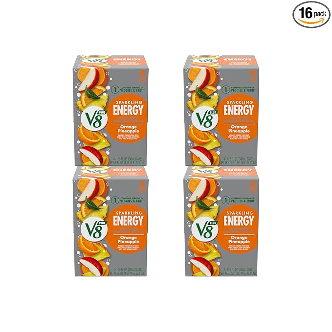 V8 +Energy Sparkling Orange Pineapple Juice Energy Drink, 11.5 fl oz Can (Pack of 16)