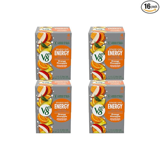 V8 +Energy Sparkling Orange Pineapple Juice Energy Drink, 11.5 fl oz Can (Pack of 16)