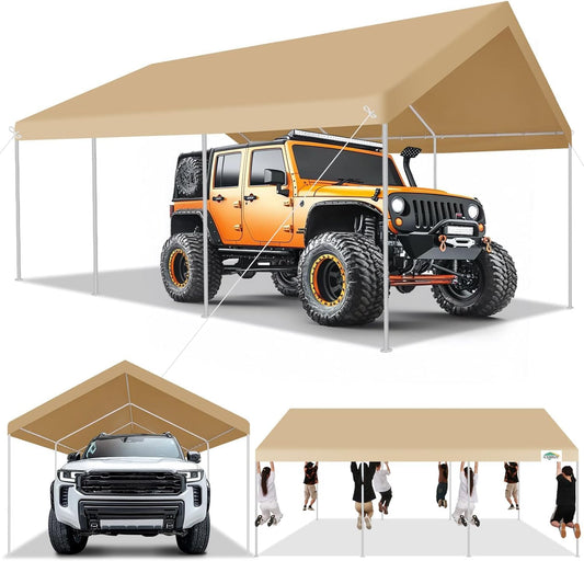 COBIZI 12x20ft Carport Heavy Duty, Portable Car Garage Outdoor Party Tent with Built-in Sandbags, Waterproof Car Canopy for Truck, Boat, SUV with All-Season Tarp, Khaki