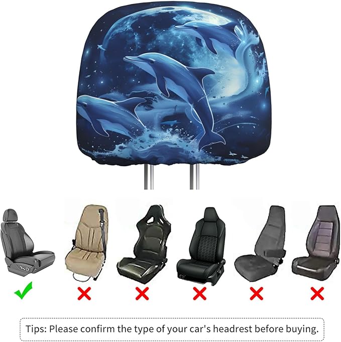 Dujiea 2 Pack Dolphin Moon Car Headrest Covers, Universal Soft Car Seat Head Rest Protector, Vehicle Accessories Fabric Headrest Cover for Cars Vans Trucks