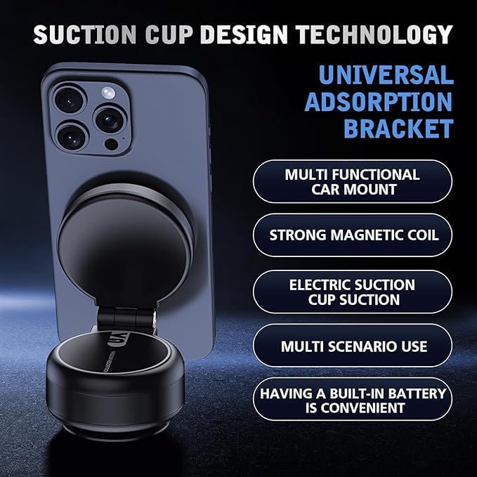 Electric Vacuum Magnetic Car Phone Mount,Vacuum Suction Car Phone Holder Hands-Free,Adjustable Foldable Magnetic Suction Cup Phones Mount,Strong Mag-netic Car Mounts for Smooth Surface (Silver)
