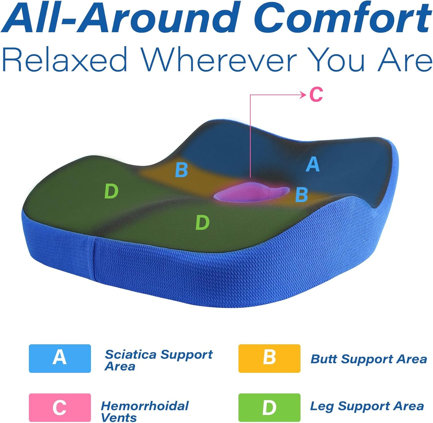 Car Seat Cushion, Ergonomic Memory Foam Car Cushion for Sciatica Pain Relief, Larger Driving Seat Pillow for Short Drivers on Long Drives - Butt Pillow for Truck, Office, Wheelchair - Black&Blue