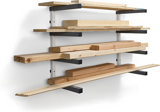 Bora 4-Level Lumber Storage Rack Wood and Garage Organization Space Saving Metal Shelf for Pipes, Boards, Plywood, and Building Materials - PBR-0420 White Gray