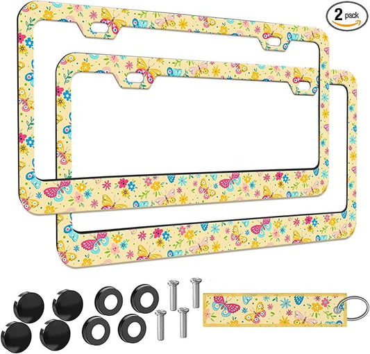 2pcs floral Colorful Butterfly License Plate Frame for Women,Inspirational Butterfly flower car Decorative tag Frames Girly,Colorful Butterflies floral License Plate Cover Holder with car Keychain tag