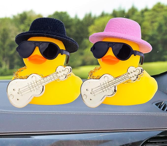 Car Rubber Duck Ornaments Yellow Duck Car Dashboard Decorations with Mini Top Hat Guitar Sunglasses Necklace(G2)
