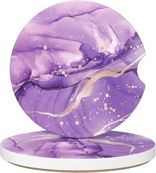 Car Cup Holder Coaster, Car Coasters for Cup Holders, 2 Pack Universal Anti Slip Insert Absorbent Ceramic Auto Interior Accessories with A Finger Notch & Cork Base, Purple Marble