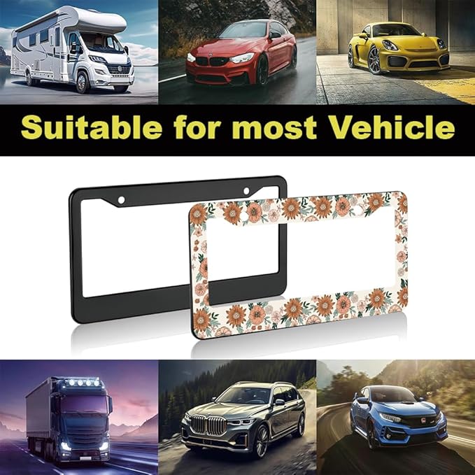 2pcs Vintage Sunflowers Floral License Plate Frame for Women,Inspirational Sunflowers car Decorative tag Frames Girly,Retro Botanical License Plate Cover Holder for Vehicle with car Keychain tag