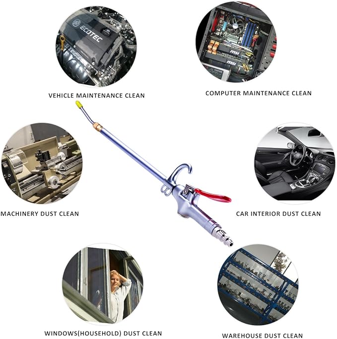 High Volume Powerful Industrial Air Blow Gun, 17-26 Inch Extensible Stainless Steel Air Flow Nozzle, Pneumatic Air Compressor Accessories Tool, Extended Dust Air Blower Gun with 360 Degree Swivel Hook