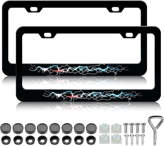 Colorful Lightning License Plate Frames - 2 Pack Funny Thunder License Plate Holder, Stainless Steel Rust-Proof Waterproof Car Decorative Tag Frame with Screws Fasteners Caps
