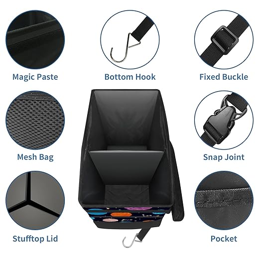 Car Trash Can Colorful Space Planet Large Storage Garbage Can with Lid Hanging for Back Seat Leakproof Automotive Vehicle Trash Bin
