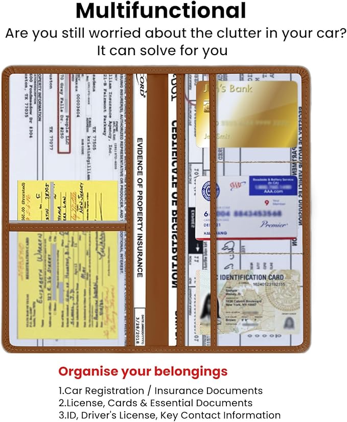Car Registration & Insurance Card Holder Leather Auto Glove Box Organizer Document Wallet with Magnetic Shut