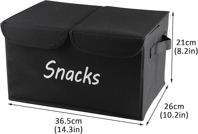 Snack Organizer for Pantry Shelf, Fabric Snack Organizer with Double Lids & Handles, Large 2-Compartment Snack Bin Snack Holder, Snack Basket for Chips Packets, Snack Bar Station Decor -Black