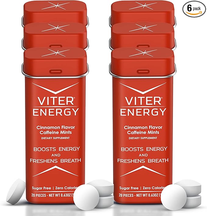 Viter Energy Caffeine Mints (120 Pieces) - 40mg Caffeine, Sugar Free, Vegan, B Vitamins Complex, Energy Supplement Caffeine Pills (Cinnamon, 6 Pack)