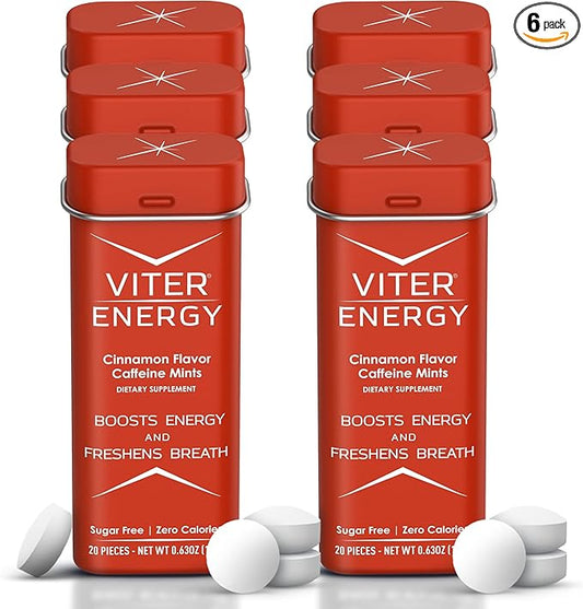 Viter Energy Caffeine Mints (120 Pieces) - 40mg Caffeine, Sugar Free, Vegan, B Vitamins Complex, Energy Supplement Caffeine Pills (Cinnamon, 6 Pack)