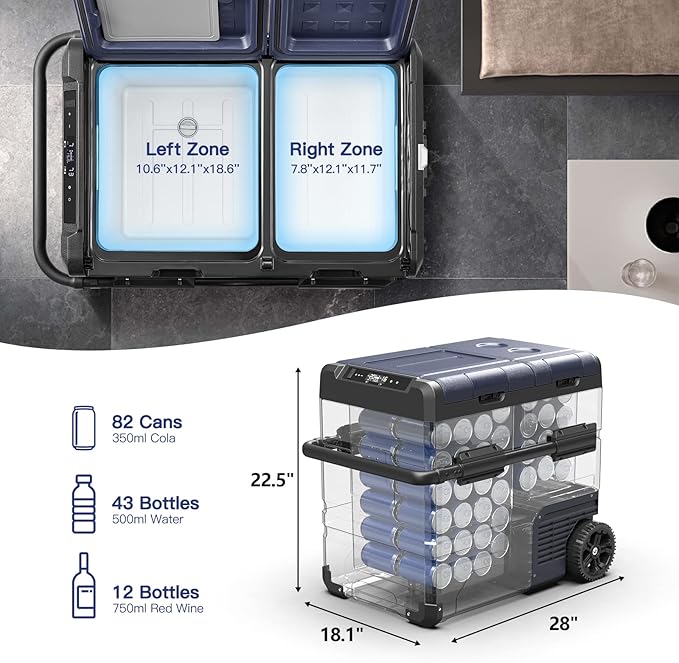 BODEGACOOLER 12 Volt Car Refrigerator,59 Quart (55L)12v Portable refrigerator,Car Fridge Freezer, -4℉-68 Car Cooler 12/24V DC and 100-240V AC for RV, Camping,Travel,Dual Zone With APP Control(2 Doors)