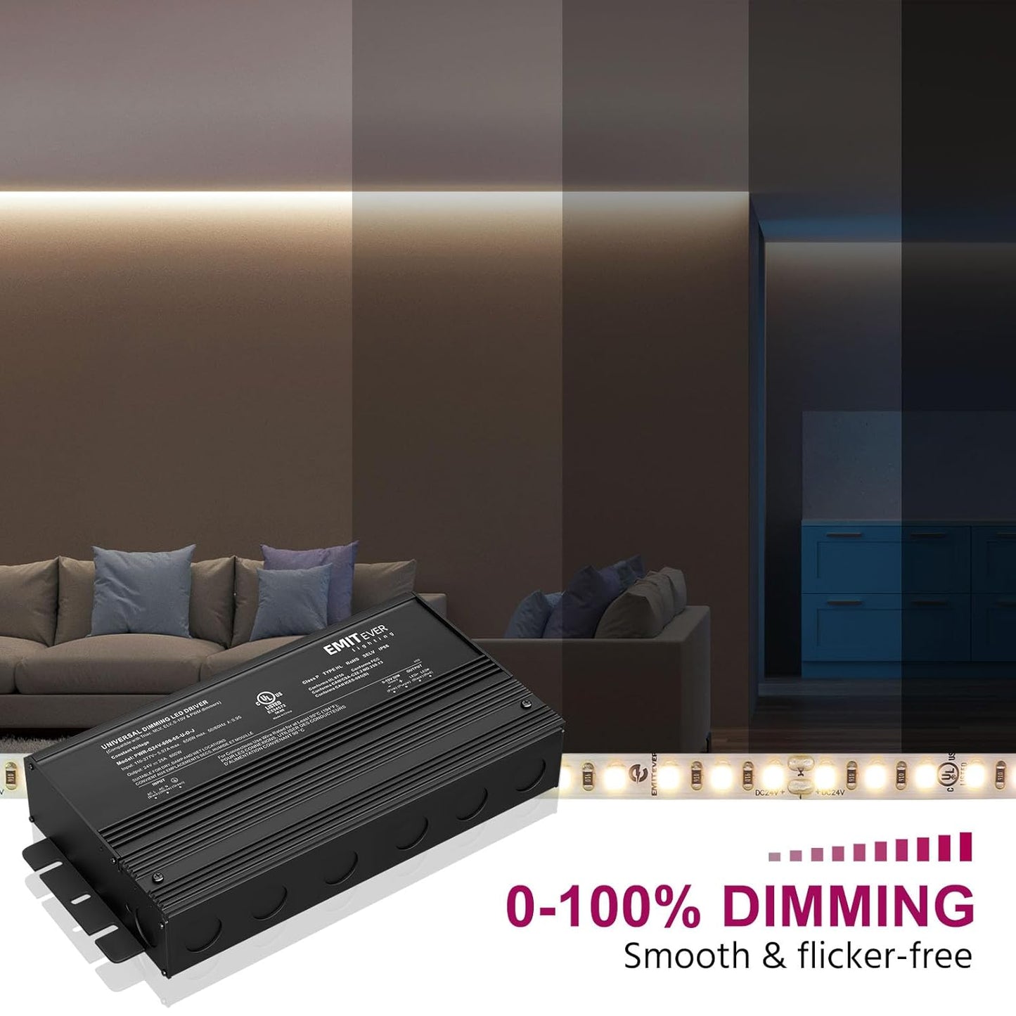 EMITEVER Dimmable Led Driver, 600W AC 110V-277V to DC 24V Transformer, 5-in-1 Dimming: ELV/MLV/TRIAC / 0-10V / 1-10V / 10V PWM/Potentiometer, Waterproof IP67 and UL Listed