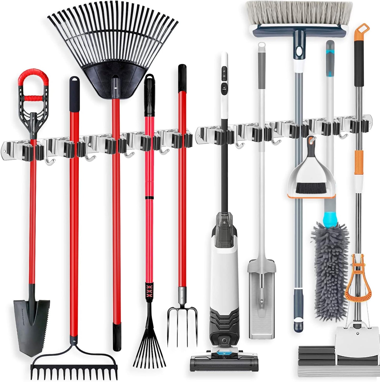 2 Pack Broom Holder Wall Mount Mop and Broom Hanger Broom Organizer Storage Tool Racks Stainless Steel Heavy Duty for Kitchen Garden Laundry Garage (5 Racks with 4 Hooks) (Copy)