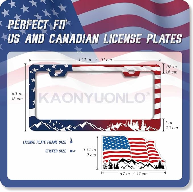 1PCS Red & Blue American Flag Moutains License Plate Frame Holder - USA Stars and Stripes Auto Universal Aluminum Matte Car Tag Holder Covers with Sticker & Screws for Men