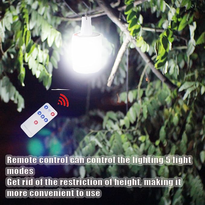Solar Lamp Camping LED Tent Lights Remote Control 4000mah 5 Mode USB Rechargeable Portable Waterproof Lantern Blub Hanging Hook for Indoor Home Outdoor Emergency Courtyard Power Outage 2 Pack