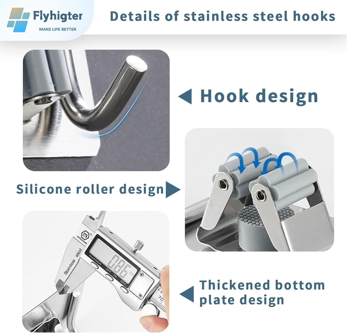 6 Pack Stainless Steel Mop and Broom Holders – Wall Mounted Grippers with Adhesive or Nail-Free Glue, No-Drill Installation for Kitchen, Bathroom, Garage