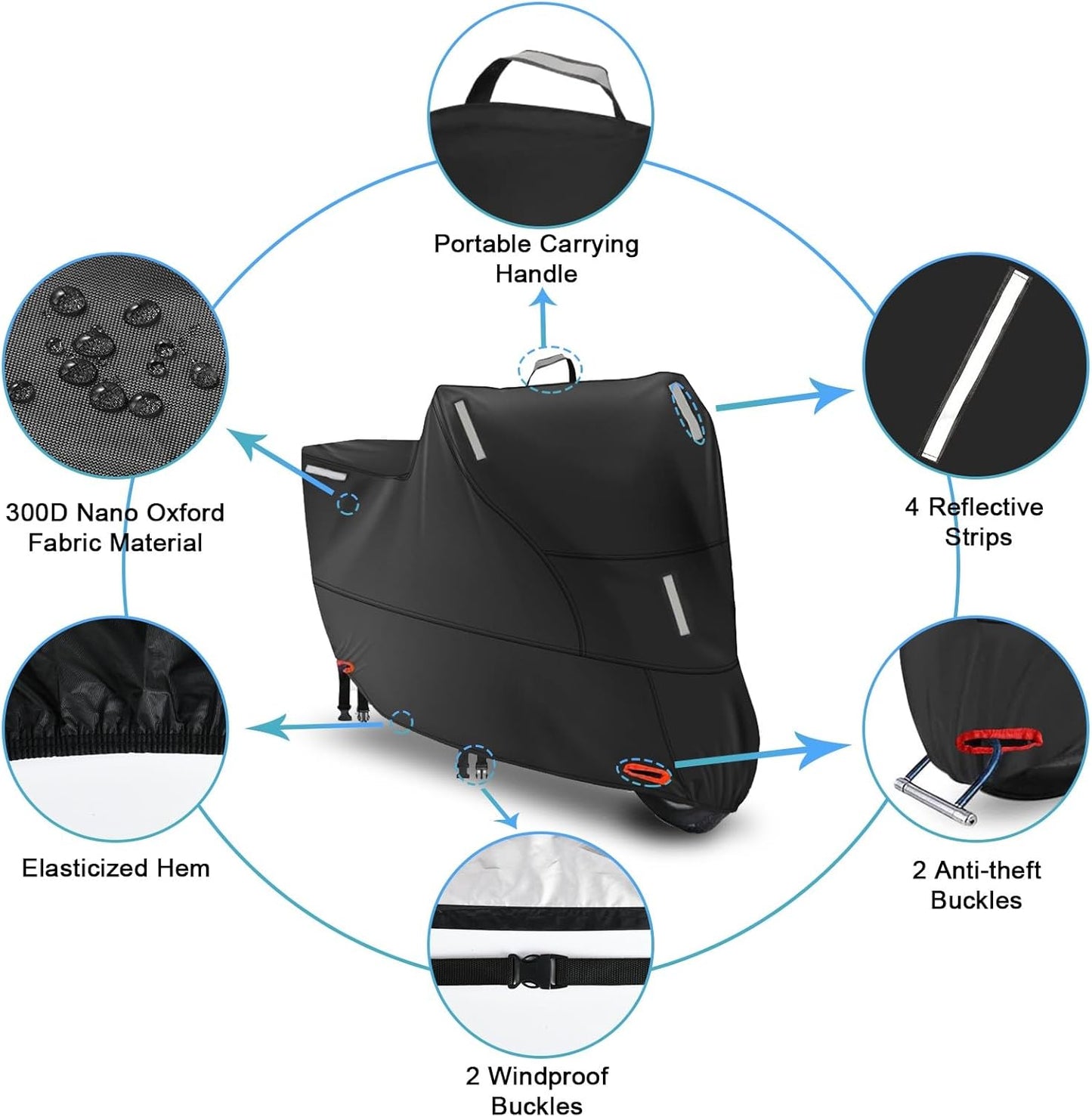 Motor Bike Cover Waterproof Outdoor, Motorbike Scooter Moped Cover Sun Rain Dust Protection with 5 Reflective Strips and 2 Fixed Buckles, 2 Lock-Holes for Most Motorcycles (L: 81x37x43 inch)