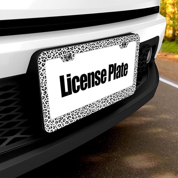Snow Leopard Print License Plate Frame，White Grey Cheetah License Plate Cover，Aluminum Metal Novelty Decorative for Front Rear Car Tag Holder 2 Hole with Screws Fits for Men and Women