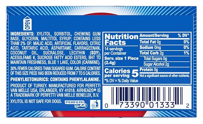 Airheads Candy, Chewing Gum, Blue Rasberry Flavor, Sugar Free, Xylitol, 14 Sticks per Pack, Box of 12 Packs