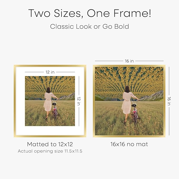 Homeforia 16x16 Picture Frame Gold, High End Metal 16 x 16 Square Poster Frame with Mat 12 x 12 Photo, 16x16 Frame Matted to 12x12 Print, 16by16 Gold Hanging Frames, Tempered Glass, Wall Kit, Set of 4