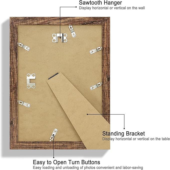 8x11 Picture Frame Set of 4, Made of Real Glass and Rustic Brown Wooden Frame - 8 by 11 Photo for Wall or Tabletop Display