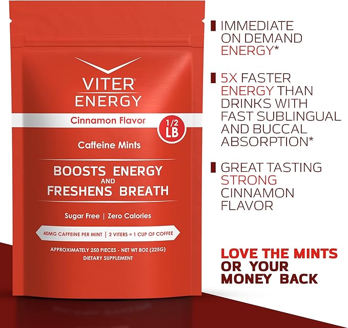 Viter Energy 40mg Caffeine Mints - Sugar Free, B Vitamins, Vegan, Boosts Fast Energized Alert Focus, Caffeinated Nootropic Supplement Pills (Cinnamon Flavor, 8oz, Bulk Bag)