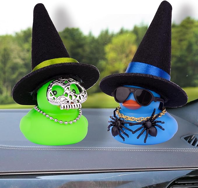 Car Rubber Duck Ornaments Halloween Duck Car Dashboard Decorations with Mini Witch Hat Sunglasses Necklace Halloween Accessories for Halloween Themed Gifts(W12)